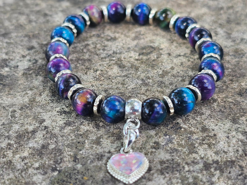 Rainbow Tiger Eye Bracelet with Braided Cremation Heart
